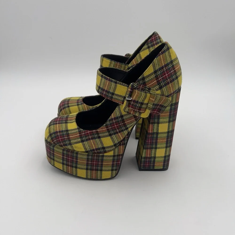 Bamboo Yellow Plaid Platform Mary Jane Round Toe Buckle Strap Heels Women's 6.5